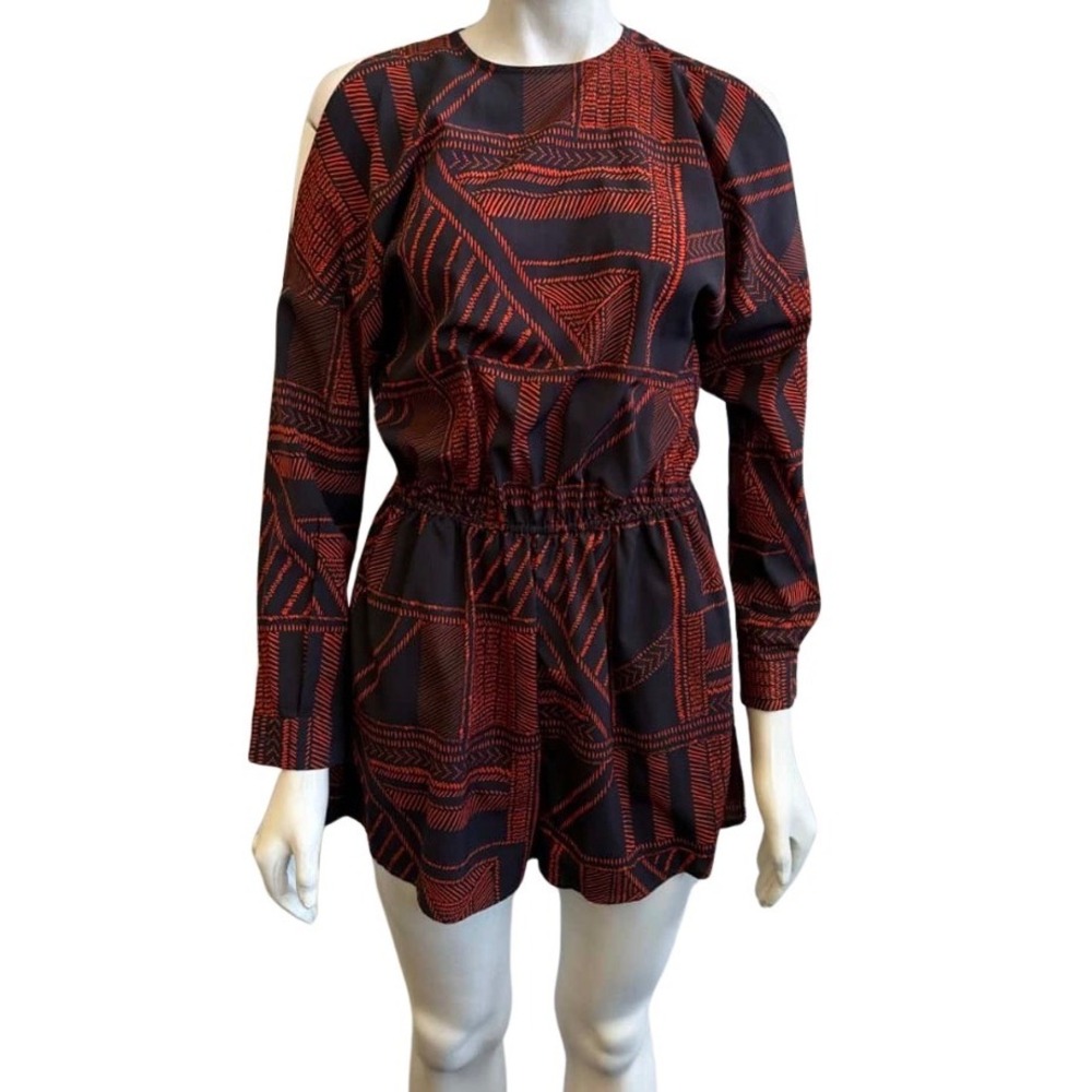 NWOT The Fifth Label Golden Hour Romper Cold Shoulder Geometric Navy Red L Large